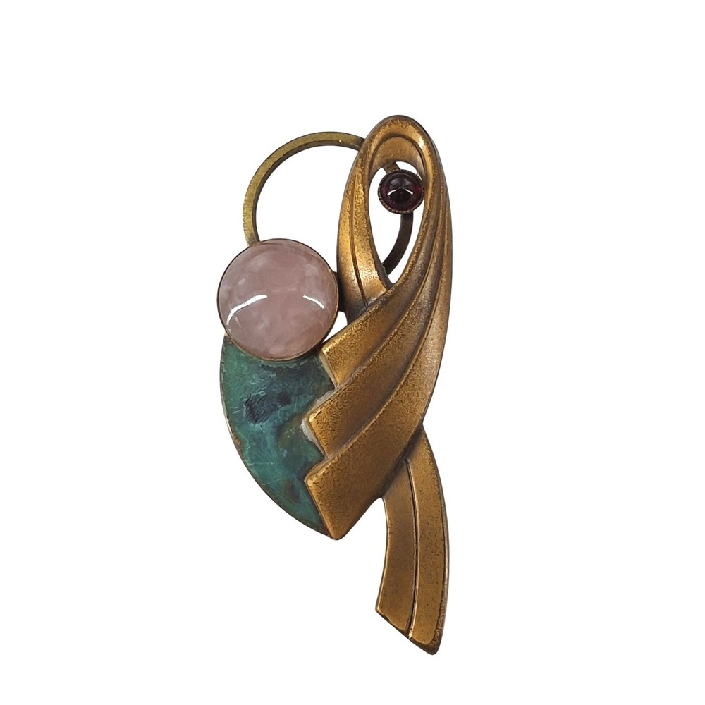 Vintage Modernist‎ Artisan Brass Brooch Rose Quartz Garnet Verdigris Studio Pin